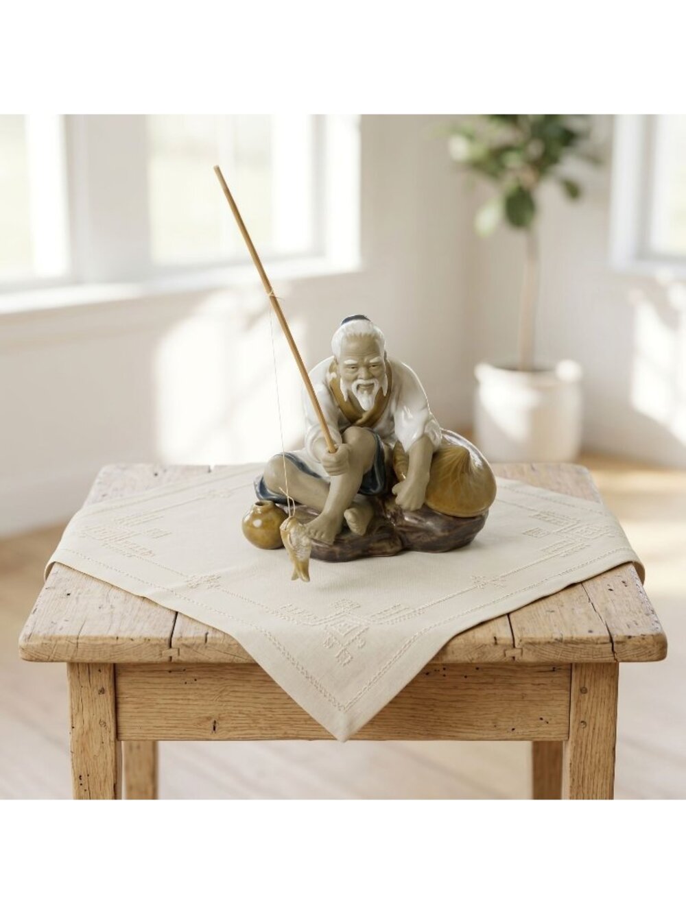 Vintage Chinese Shiwan Mudman Fisherman Figurine Ceramic Art Statue 6"